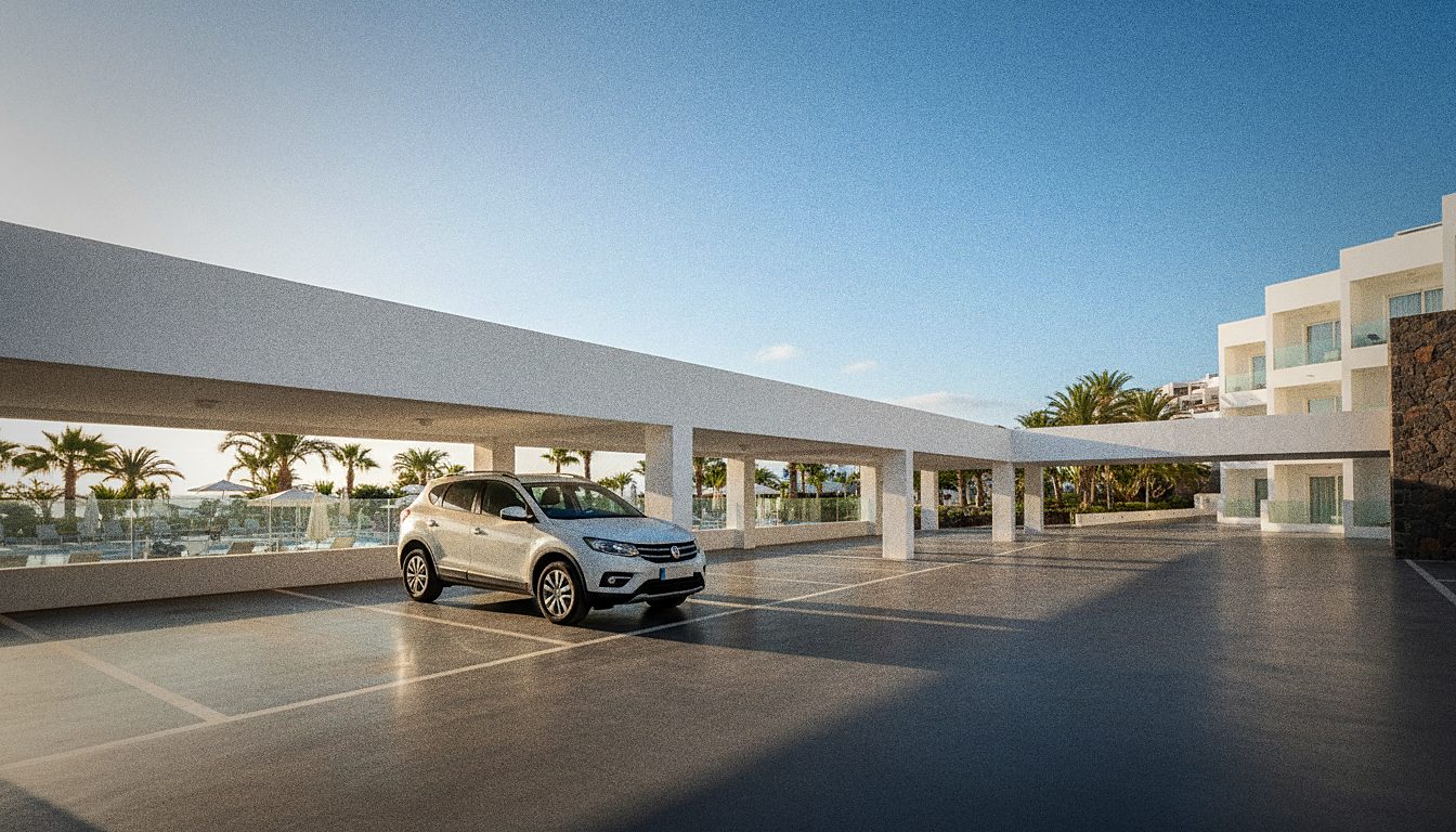 Wynajęte auto bez depozytu zaparkowane przy hotelu w Costa Adeje na Teneryfie