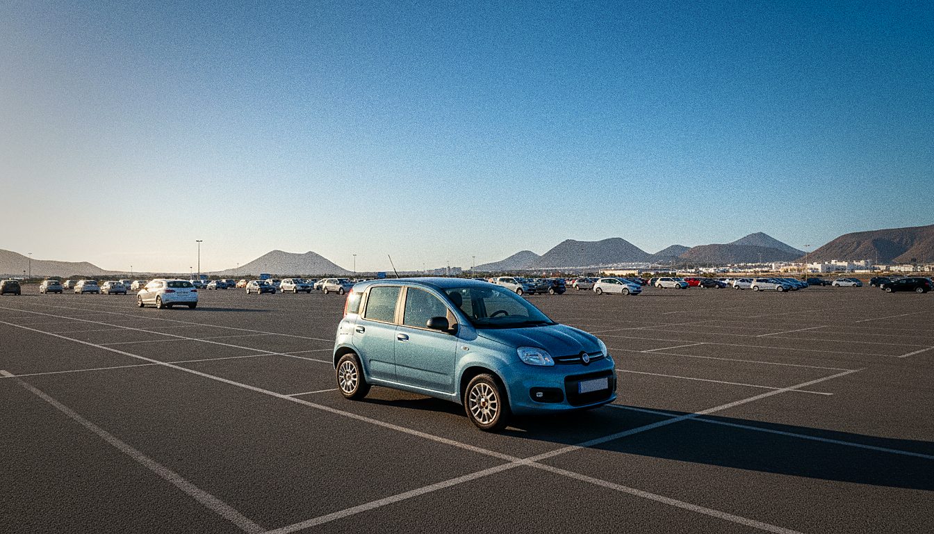 Kompaktowe wynajęte auto na parkingu przy lotnisku Tenerife Południe