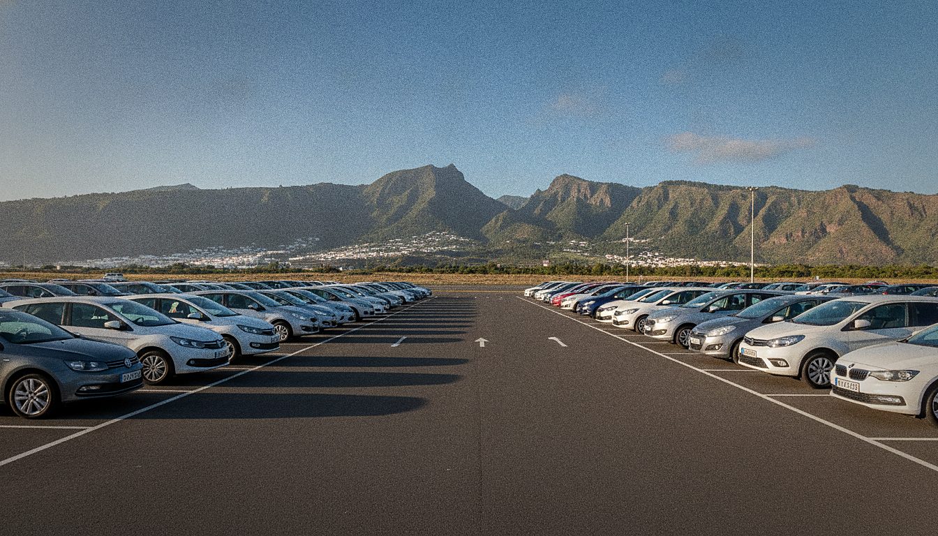 Parking wypożyczalni samochodów przy lotnisku Tenerife Norte Los Rodeos, górzysty krajobraz w tle