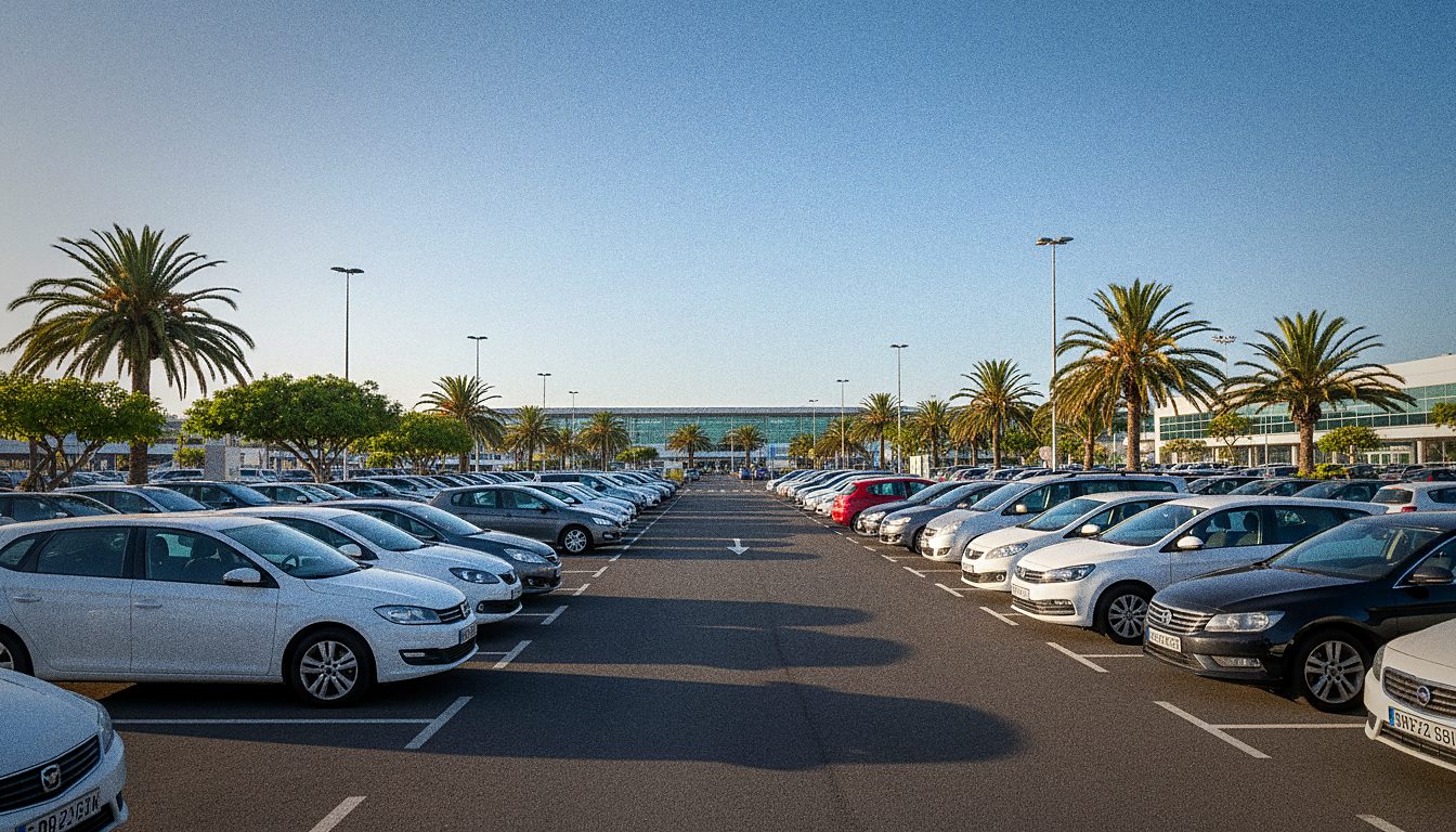 Parking wypożyczalni samochodów przy lotnisku Tenerife Sur, słoneczny dzień