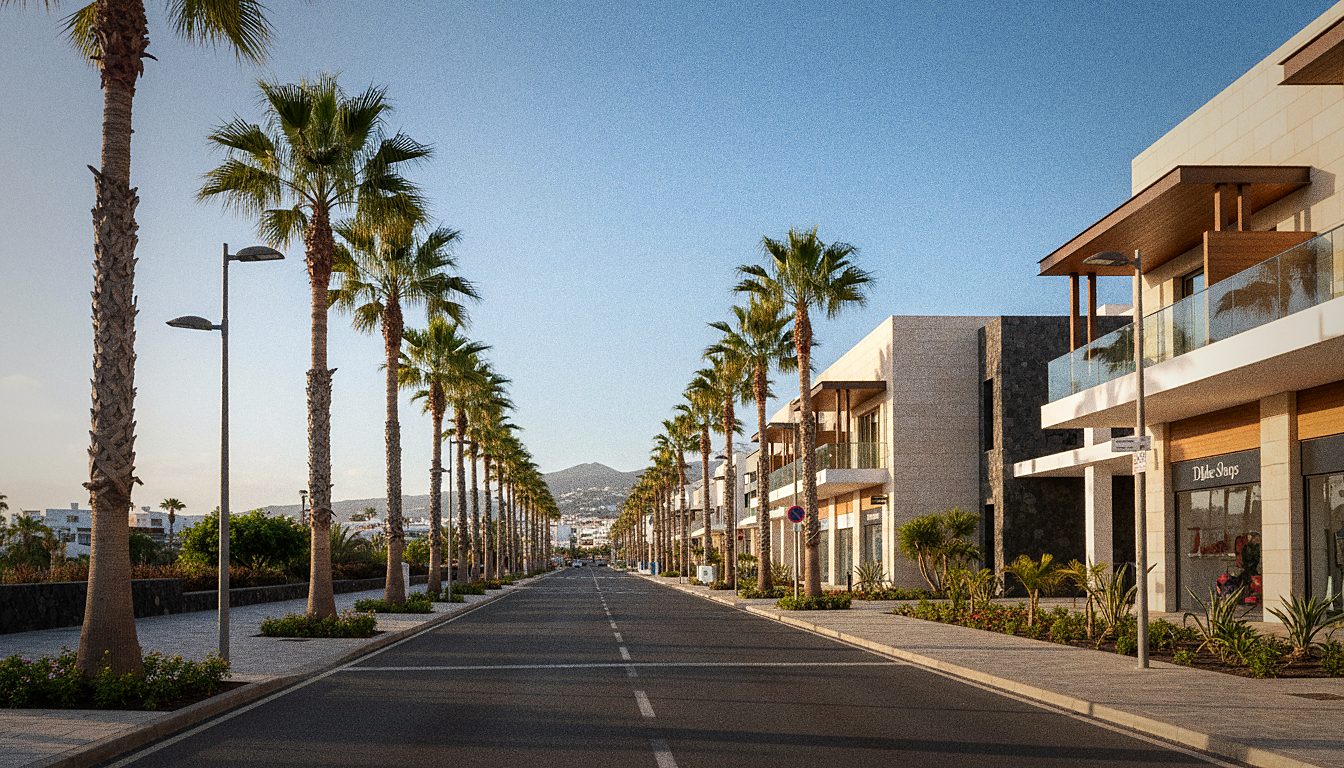 Ulica z palmami przy centrum handlowym The Duke Shops w Costa Adeje na Teneryfie, słoneczne popołudnie