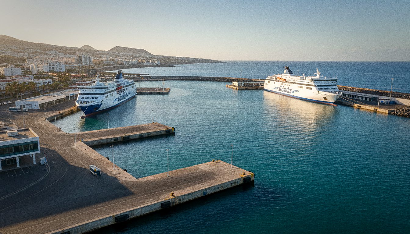 Port promowy Estación Marítima w Los Cristianos na Teneryfie z promami na Gran Canarię, słoneczny dzień