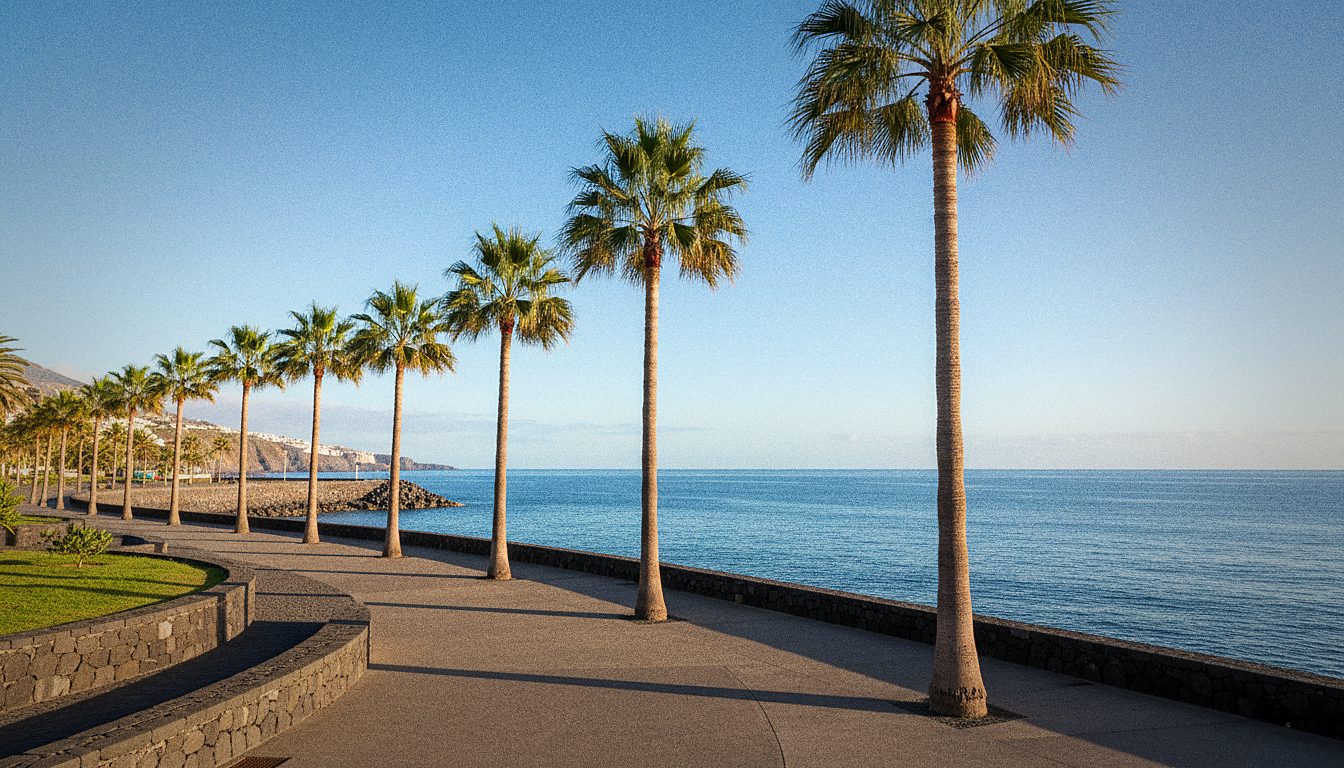 Nabrzeże i palmy w Puerto de la Cruz na północy Teneryfy, słoneczny poranek