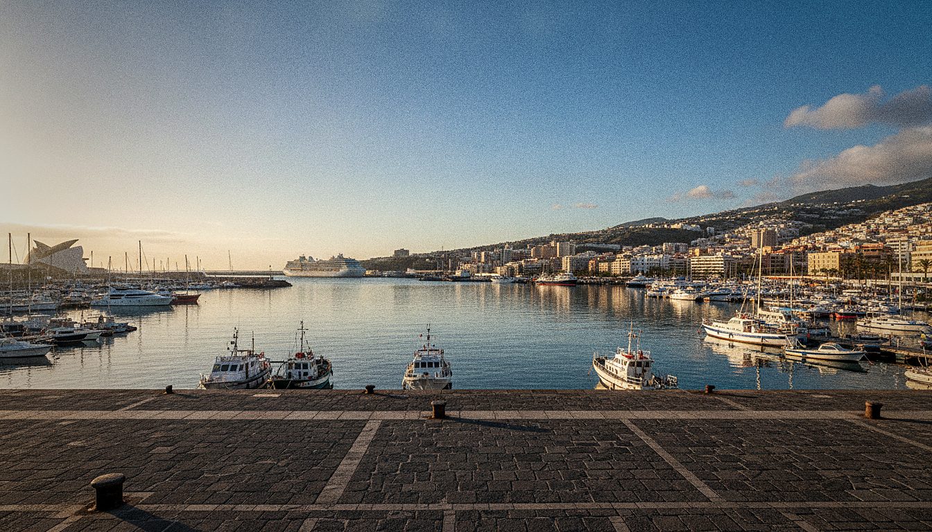 Nabrzeże Muelle Ribera w Santa Cruz de Tenerife z widokiem na port, słoneczny poranek