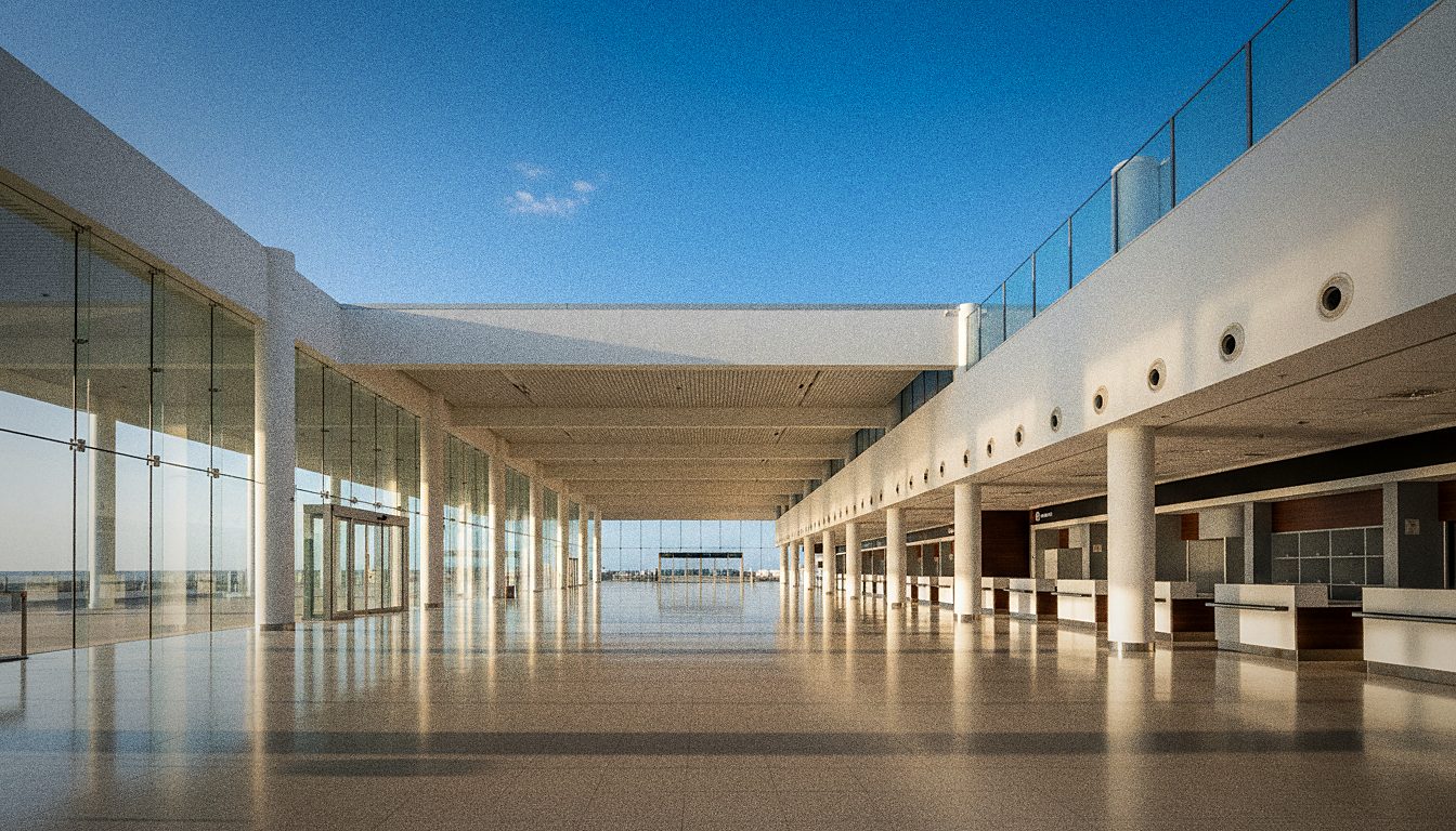Hala przylotów z wypożyczalniami samochodów na lotnisku Tenerife Sur Reina Sofía, słoneczny dzień