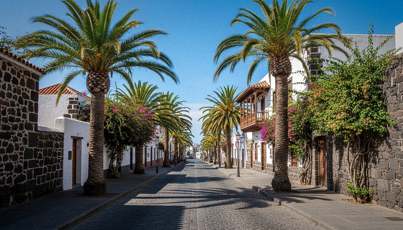 Ulica w centrum Puerto de la Cruz na Teneryfie, kamienice i palmy, słoneczny dzień