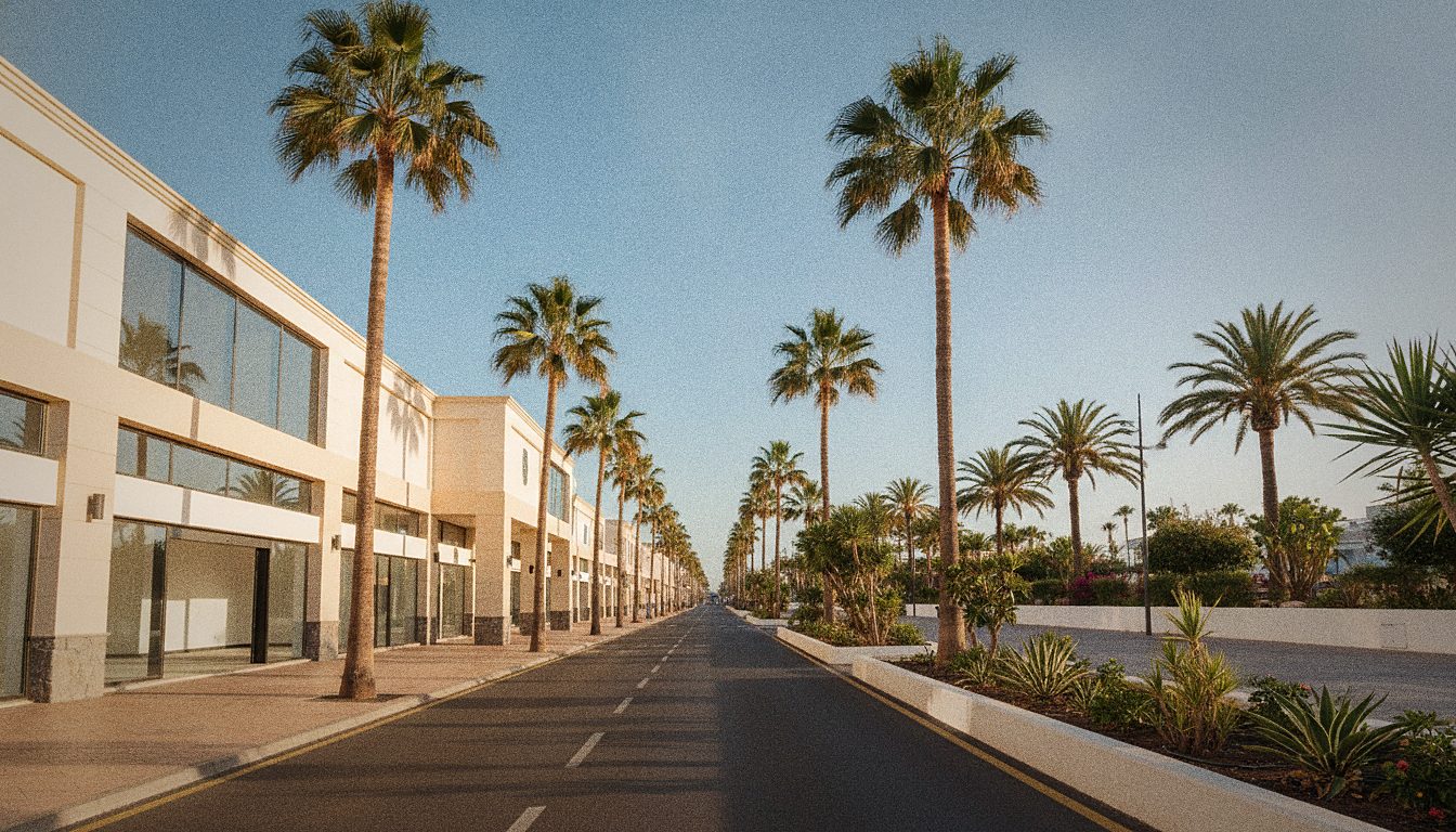 Ulica z palmami przy centrum handlowym w Costa Adeje na Teneryfie, słoneczne popołudnie