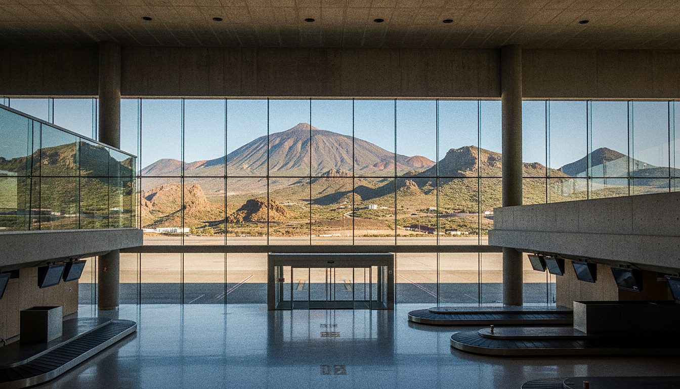 Hala przylotów lotniska Tenerife Norte Los Rodeos, górzysty krajobraz w tle, słoneczny dzień