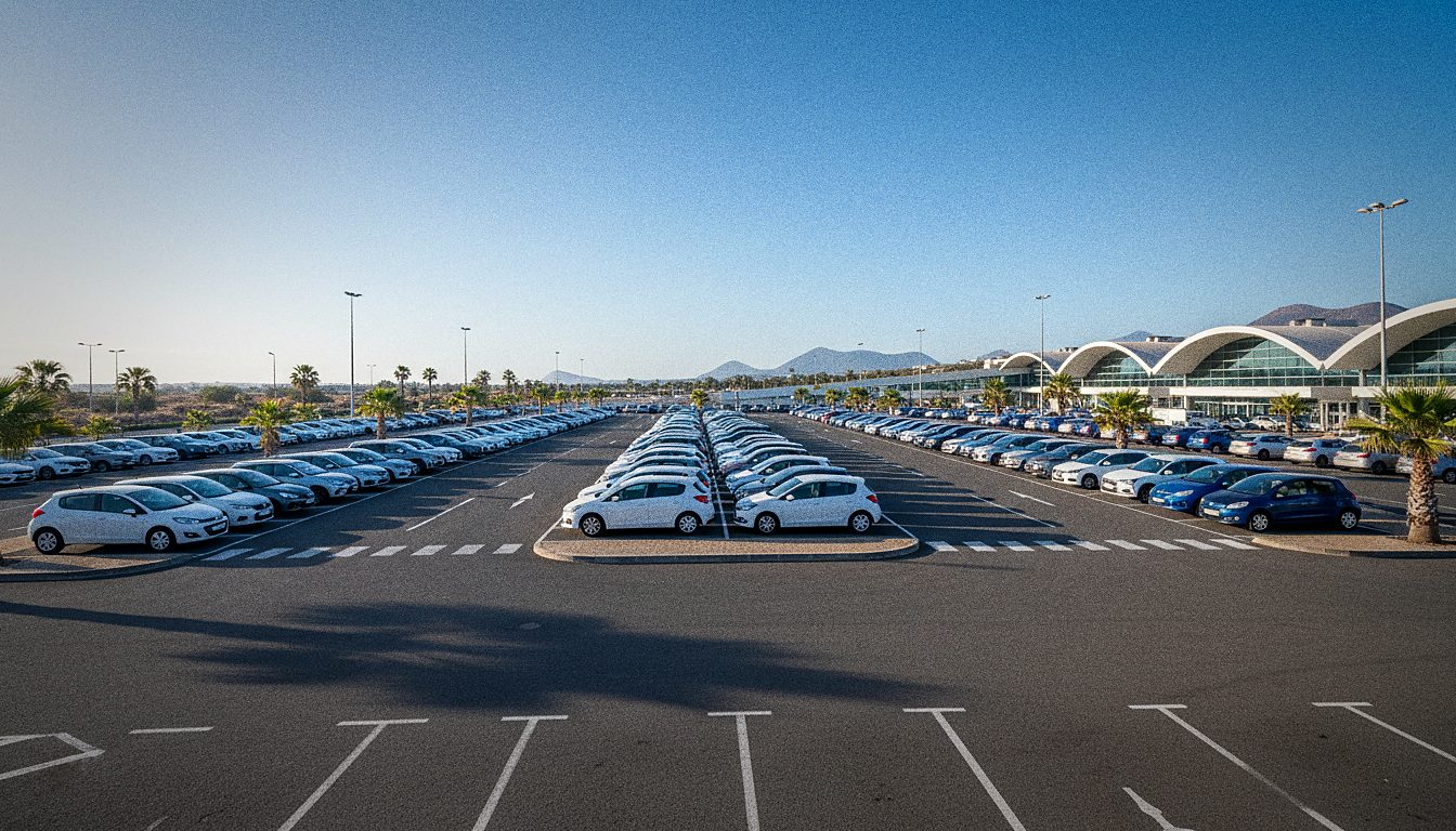 Parking wypożyczalni samochodów przy lotnisku Tenerife Sur, słoneczny dzień
